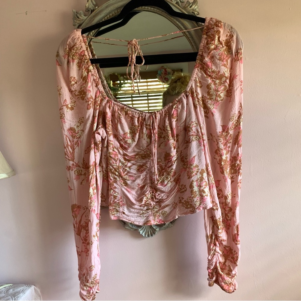 FREE PEOPLE Pink and Brown Smocked Floral Blouse